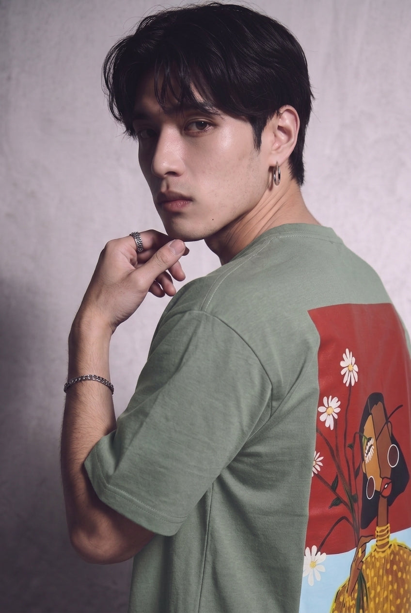 Cool Bee Cubist Bloom Oversize Tee Green for Men - Green Oversized Graphic Tee Streetwear India - Lifestyle View