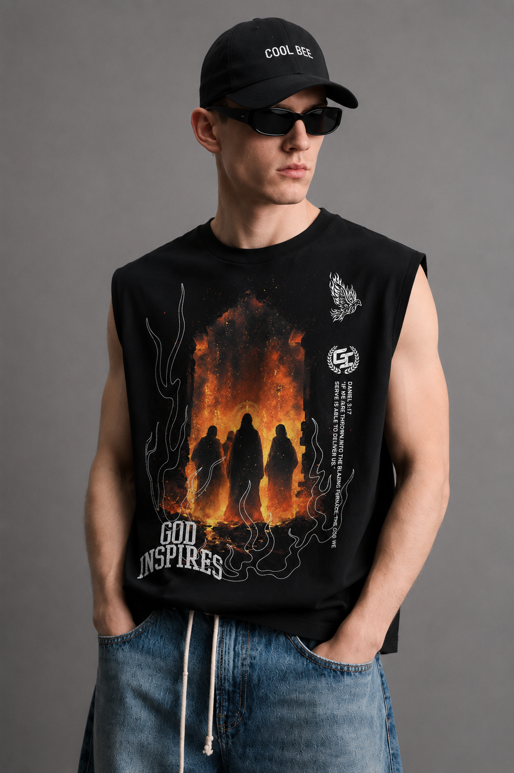 Black tank top with 'God Inspires' lettering, a photorealistic graphic of robed silhouettes before a blazing furnace, a phoenix line-art icon, and a vertical Bible verse from Daniel 3:17.