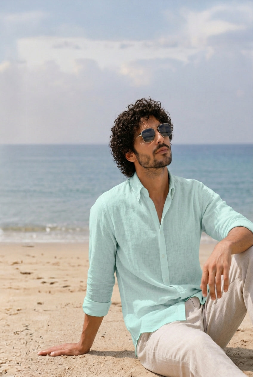 Cool Bee Linen Casual Shirt Mint Green for Men - Mint Green Linen Casual Shirt Breathable India - Lifestyle View