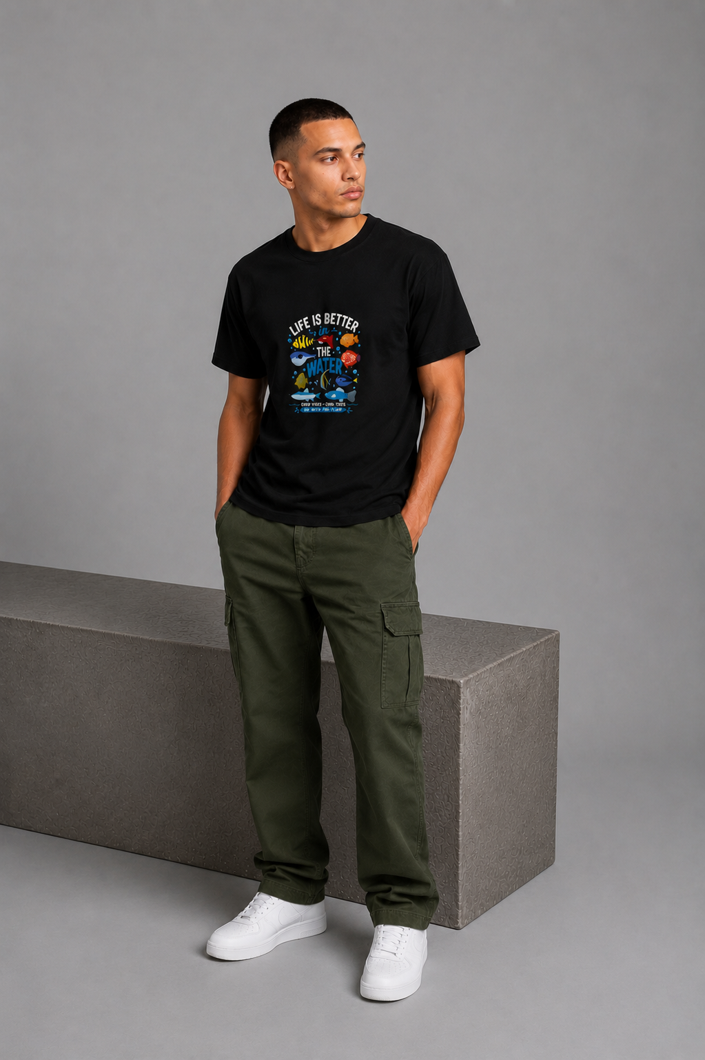 Cool Bee Marine Tee Black for Men - Black Oversized Graphic Tee Streetwear India - Lifestyle View