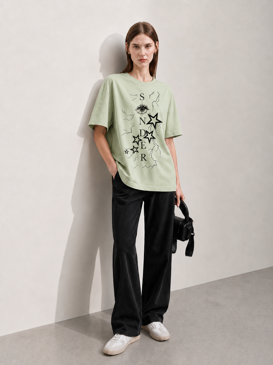 Lost Constellation Women Tee Green – celestial star-map graphic oversized t-shirt by Coolbee Store