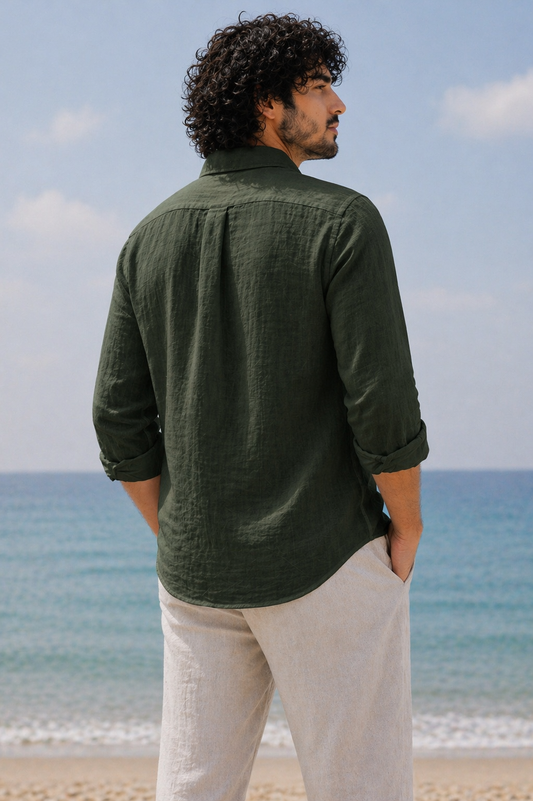 Cool Bee Linen Casual Shirt Bottle Green for Men - Bottle Green Linen Casual Shirt Breathable India - Back View