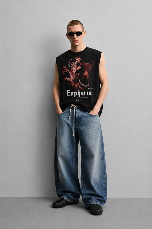 Black tank top with a red-toned illustration of two snarling Doberman dogs, one holding a revolver near its head, beneath bold white gothic 'Euphoria' lettering.