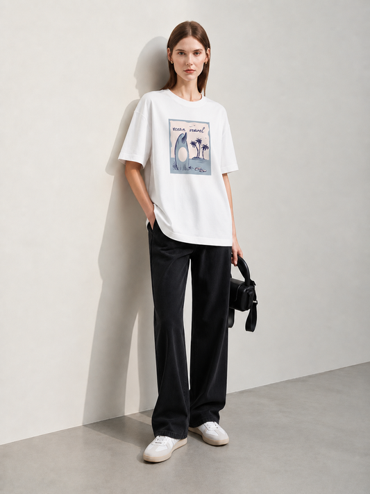 Coastal Mood White Women Tee - Oversized Graphic T-Shirt Back View | Cool Bee India