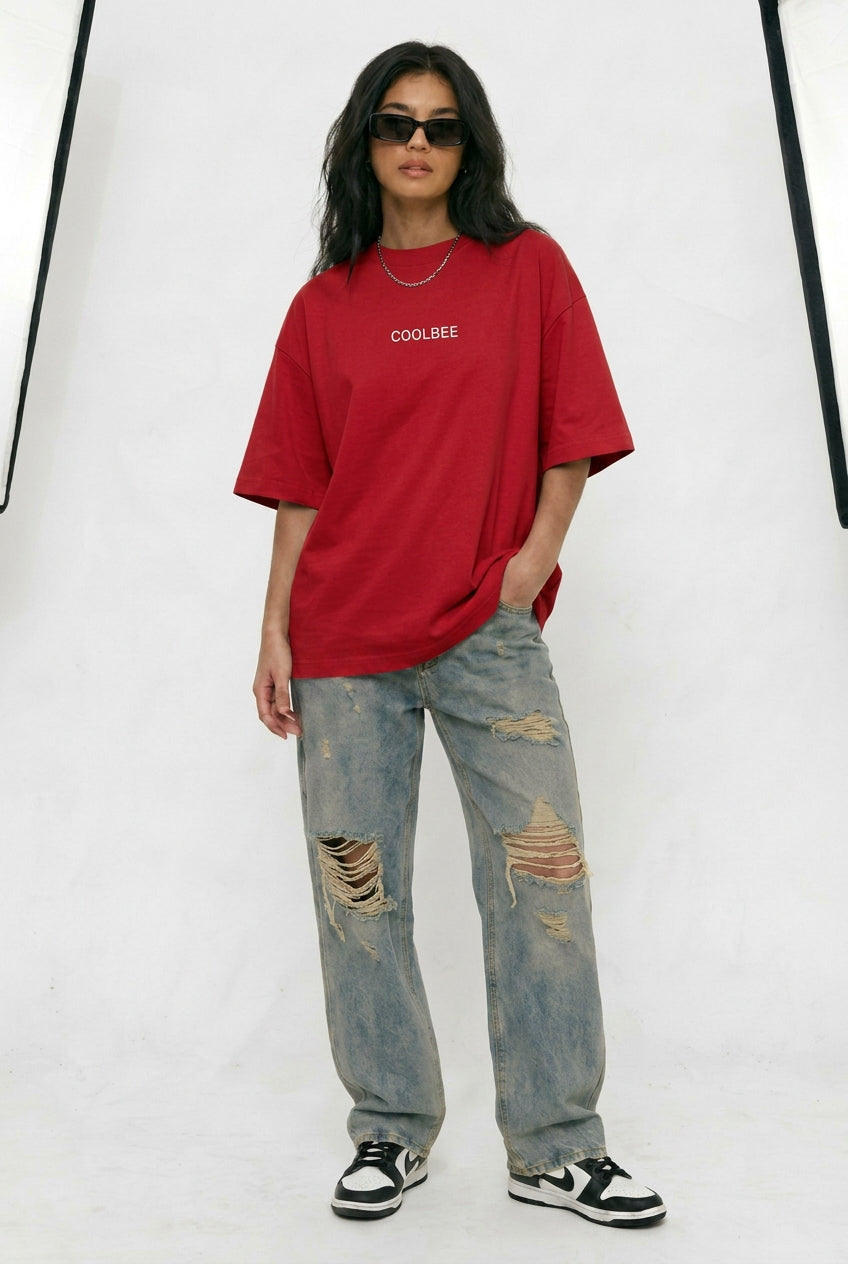 Cool Bee Orbital Drift Tee Red for Women - Oversized Graphic Tee Streetwear India - Lifestyle View
