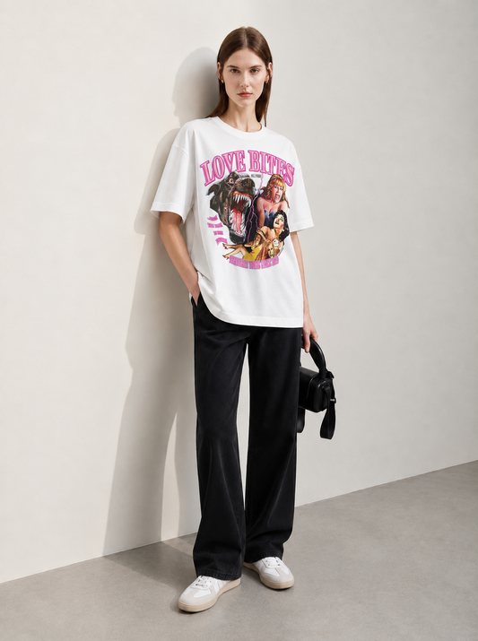 Coolbee Love Bites White Women Tee - Oversized Graphic T-Shirt Back View | Cool Bee India