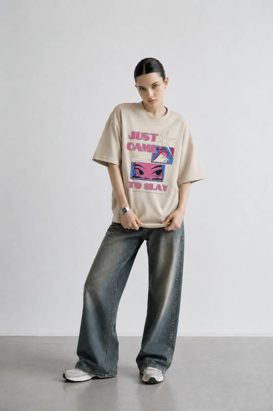 Slay Mode Women Tee Beige – fierce slay-inspired graphic oversized t-shirt by Coolbee Store