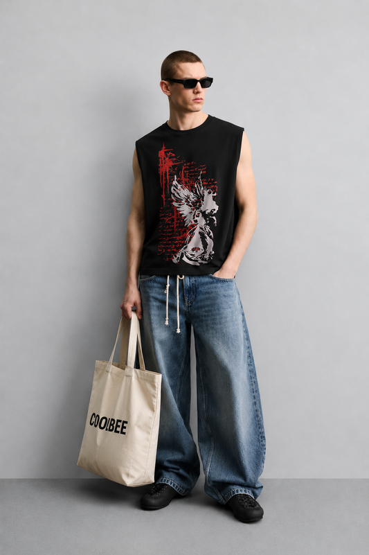 Black tank top with a winged angel-skeleton silhouette in white over a red graffiti-style scratch and script-text background.