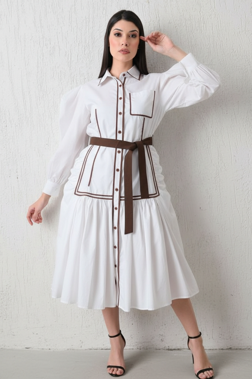Cool Bee Architectural Piping High-Low Gown White for Women - White Designer Gown Western Wear India - Lifestyle View