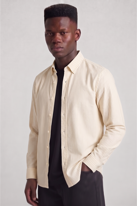 Super Premium Slim Fit Beige Striped Oxford Shirt