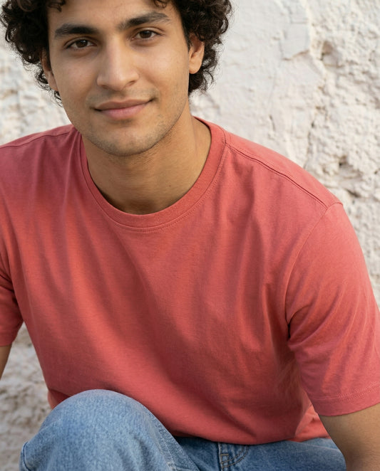 Cool Bee Essential Cotton Crew Neck T-Shirt Red for Men - Red Regular Fit Tee India - Back View