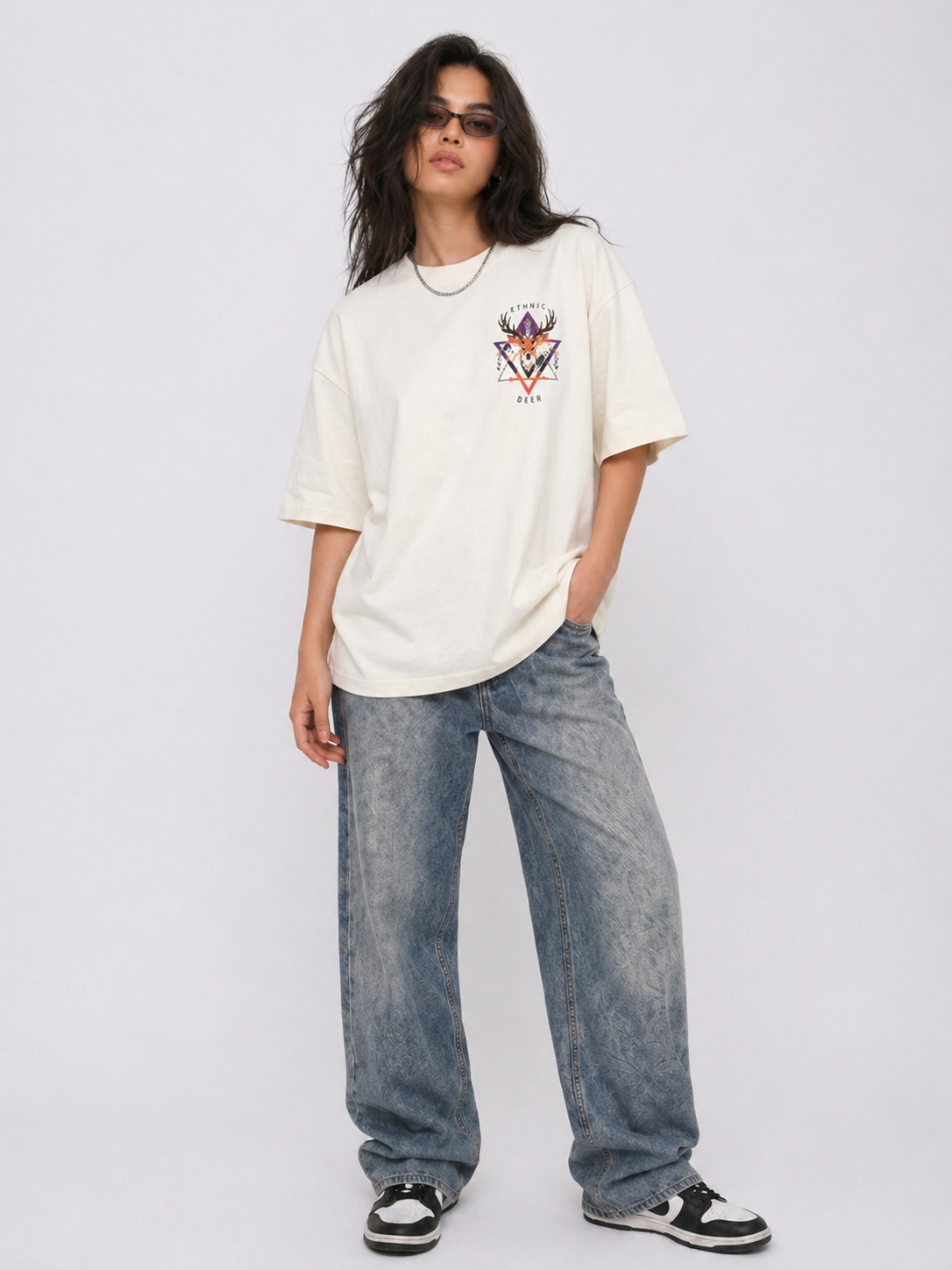 Cool Bee Ethnic Buck Tee White for Women - White Oversized Graphic Tee Streetwear India - Lifestyle View