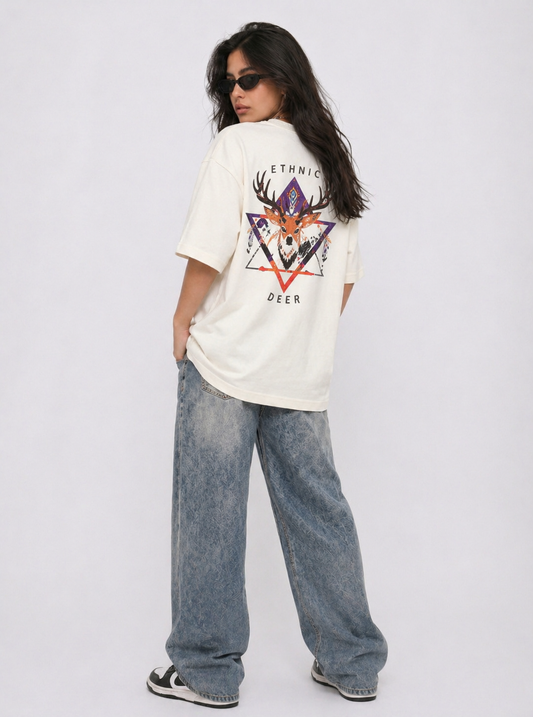 Cool Bee Ethnic Buck Tee White for Women - White Oversized Graphic Tee Streetwear India - Back View