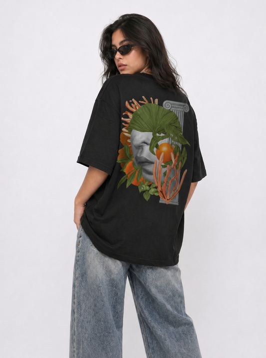 Cool Bee Neo-Classical Bloom Tee Black for Women - Oversized Graphic Tee Streetwear India - Back View