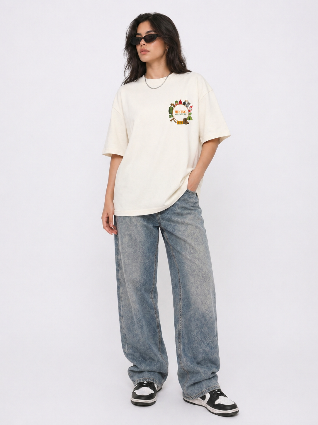 Cool Bee Hiking adventure Tee White for Women - White Oversized Graphic Tee Streetwear India - Lifestyle View