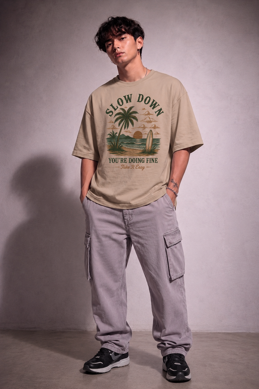 Cool Bee Slow Down Tee Beige for Men - Beige Oversized Graphic Tee Streetwear India - Lifestyle View
