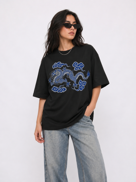 Cool Bee Cerulean Drake Tee Black for Women - Black Oversized Graphic Tee Streetwear India - Back View