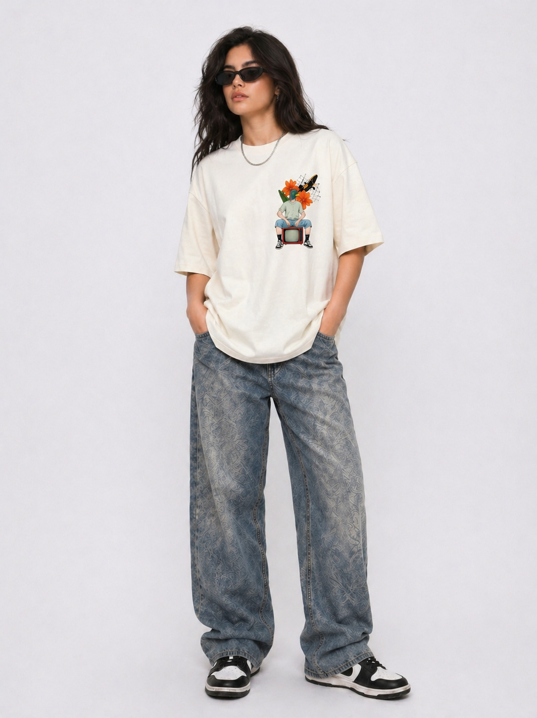 Cool Bee Retro Bud Tee White for Women - White Oversized Graphic Tee Streetwear India - Lifestyle View