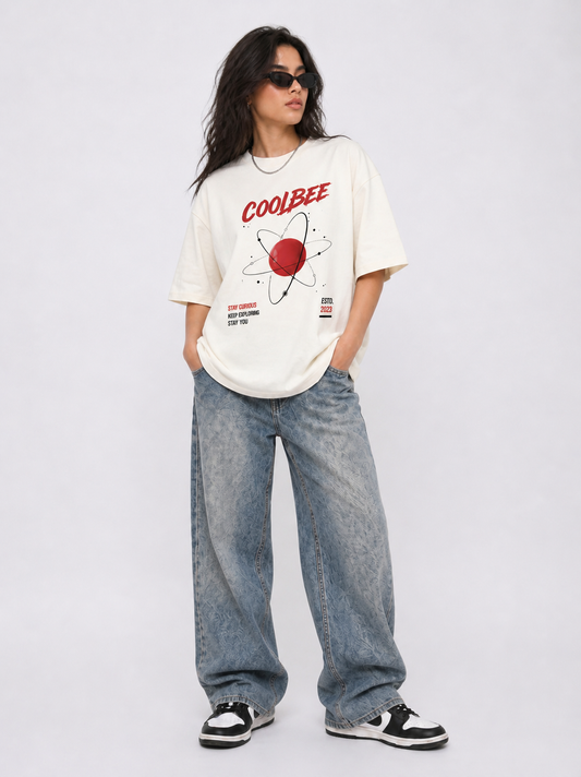 Cool Bee Atom Orbit Tee white for Women - white Oversized Graphic Tee Streetwear India - Back View