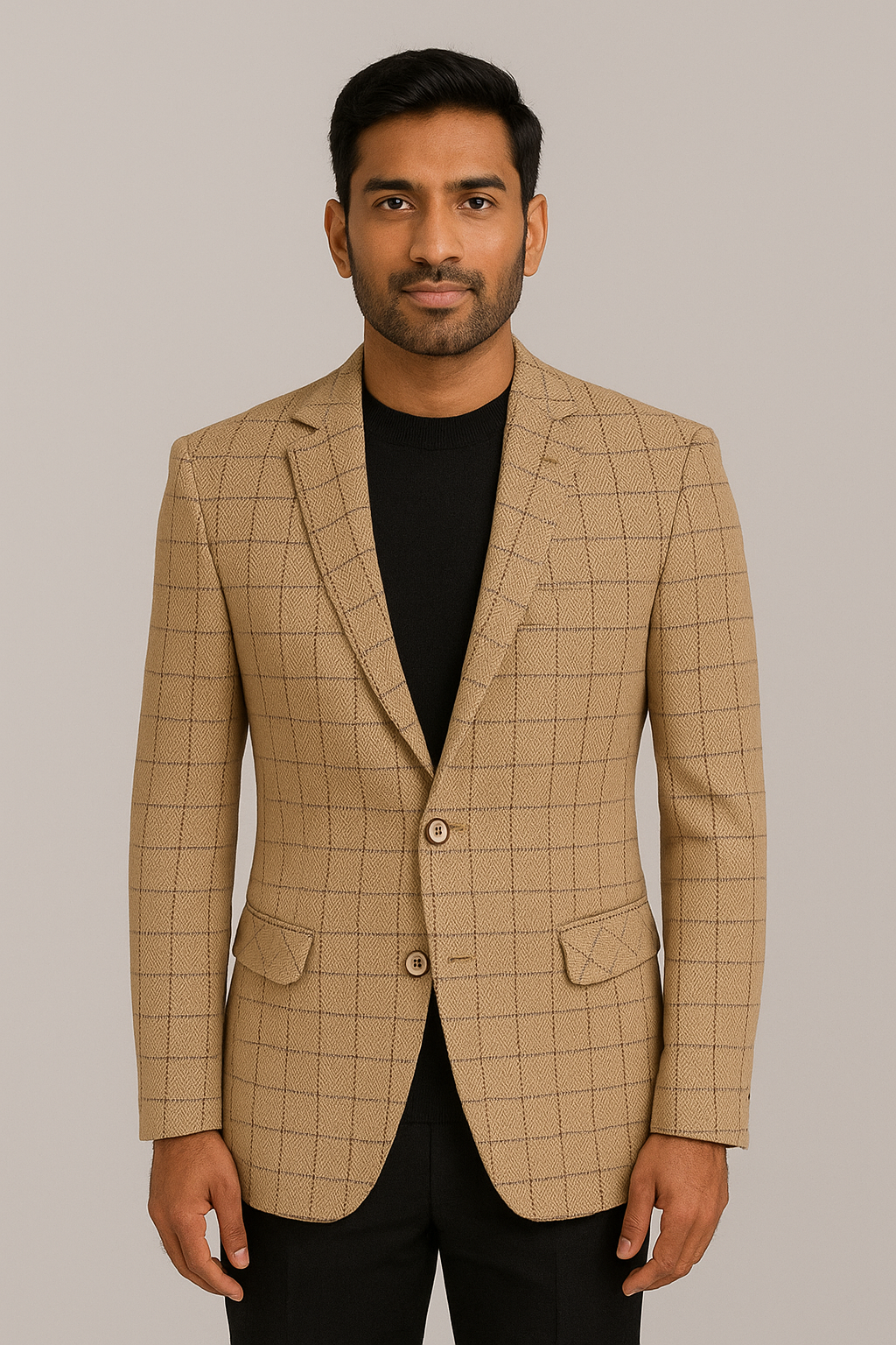 Camel Grid Check Premium Blazer – Classic Tailored Fit
