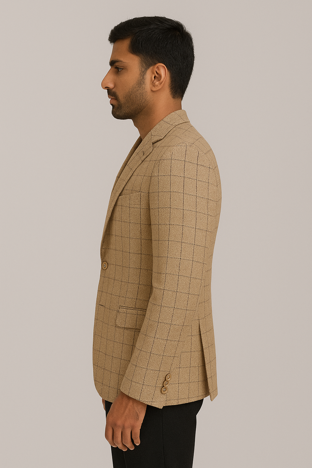 Camel Grid Check Premium Blazer – Classic Tailored Fit