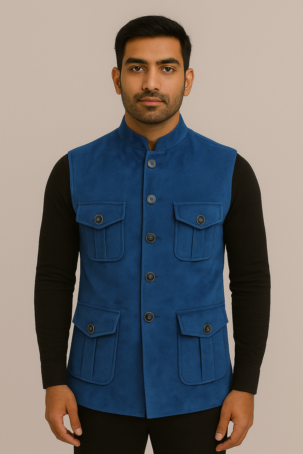 Royal Blue Suede Nehru Jacket with Utility Pockets