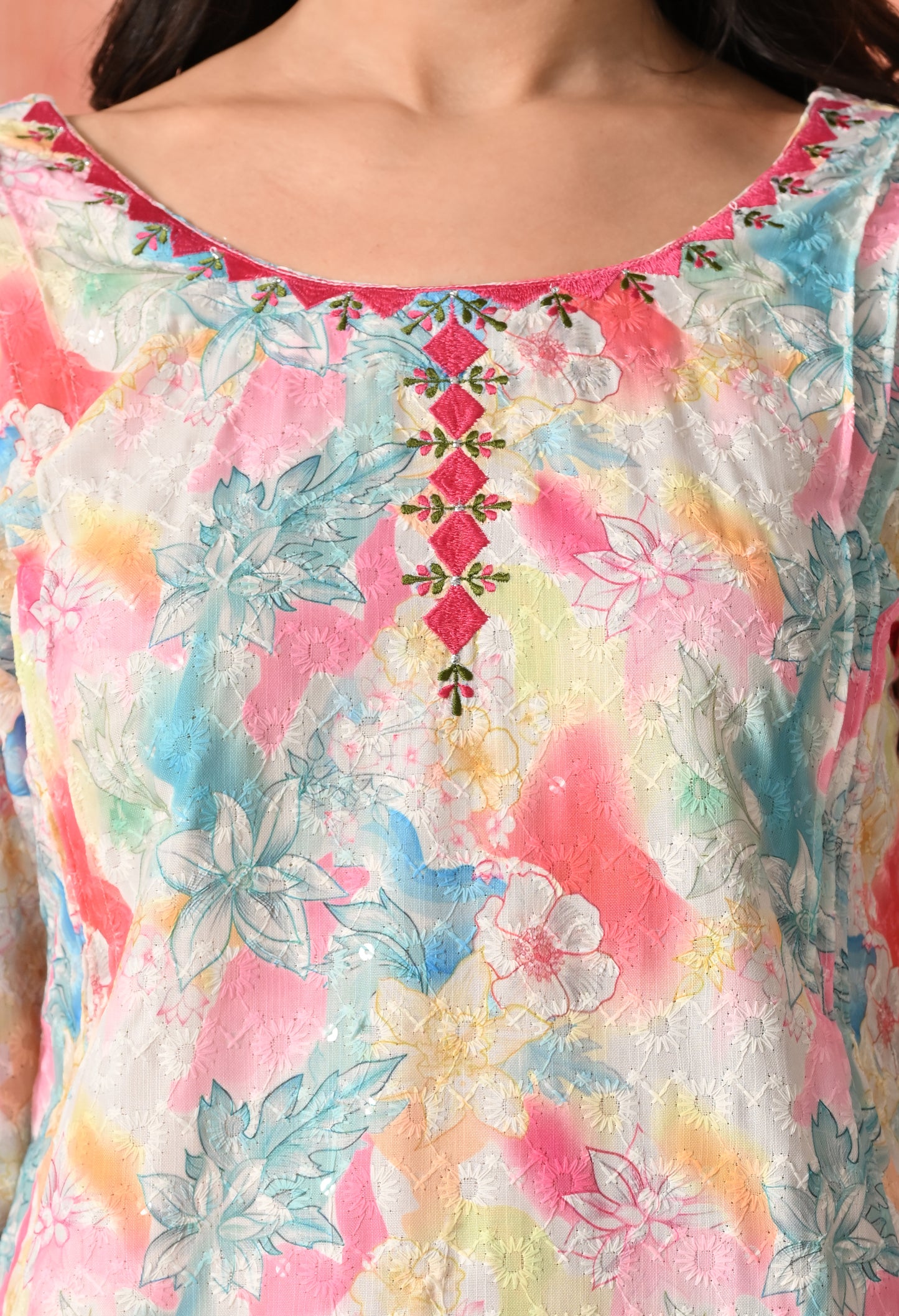 Rose Quartz Radiance: Hand-Embroidered Chikankari Kurta Set