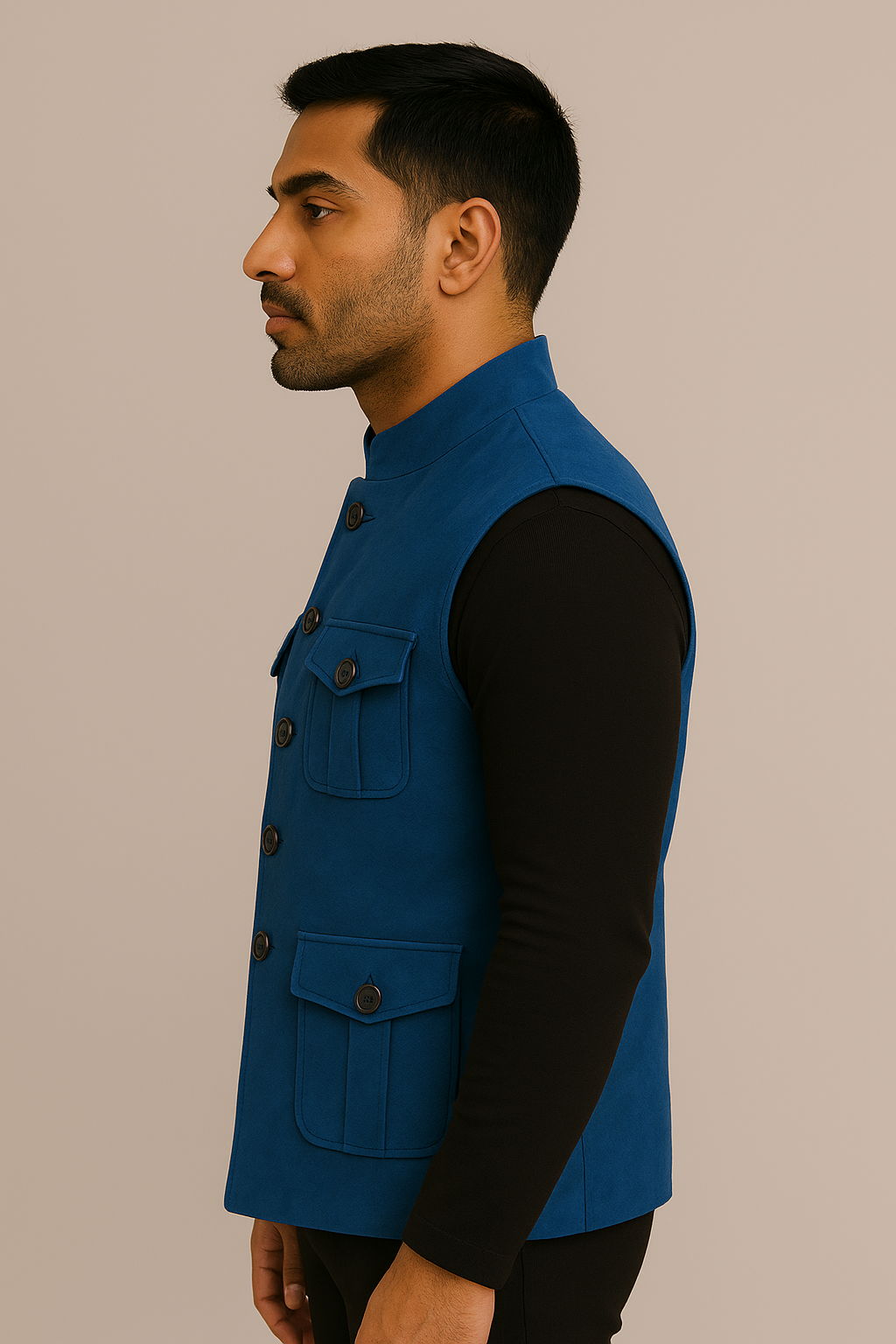 Royal Blue Suede Nehru Jacket with Utility Pockets