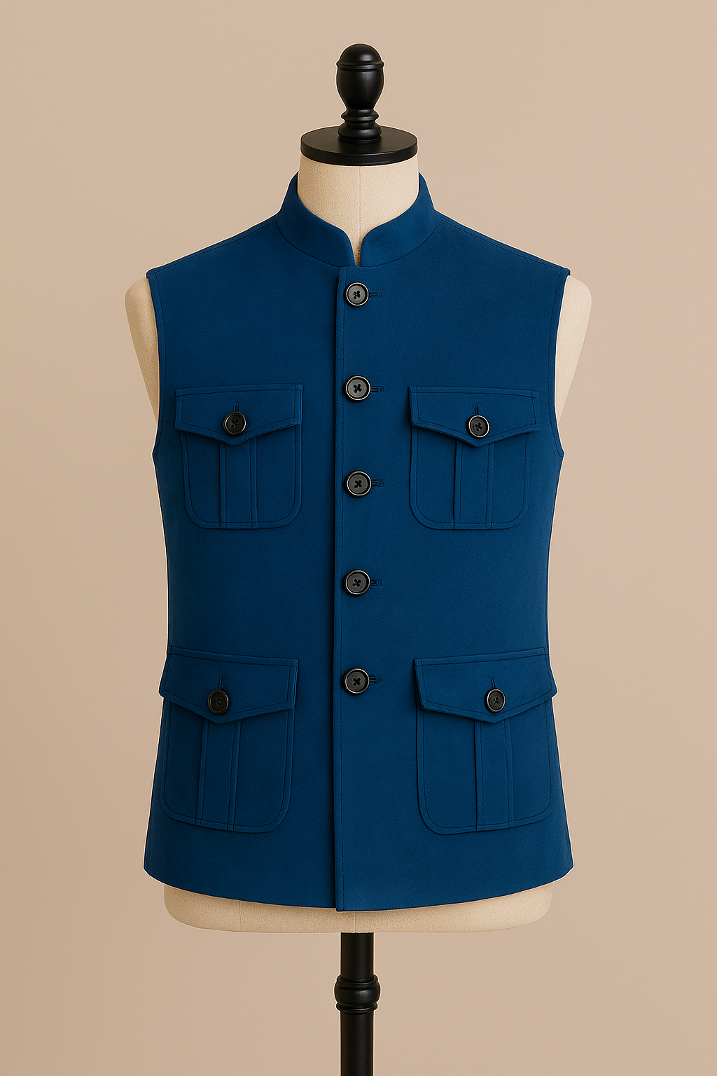 Royal Blue Suede Nehru Jacket with Utility Pockets