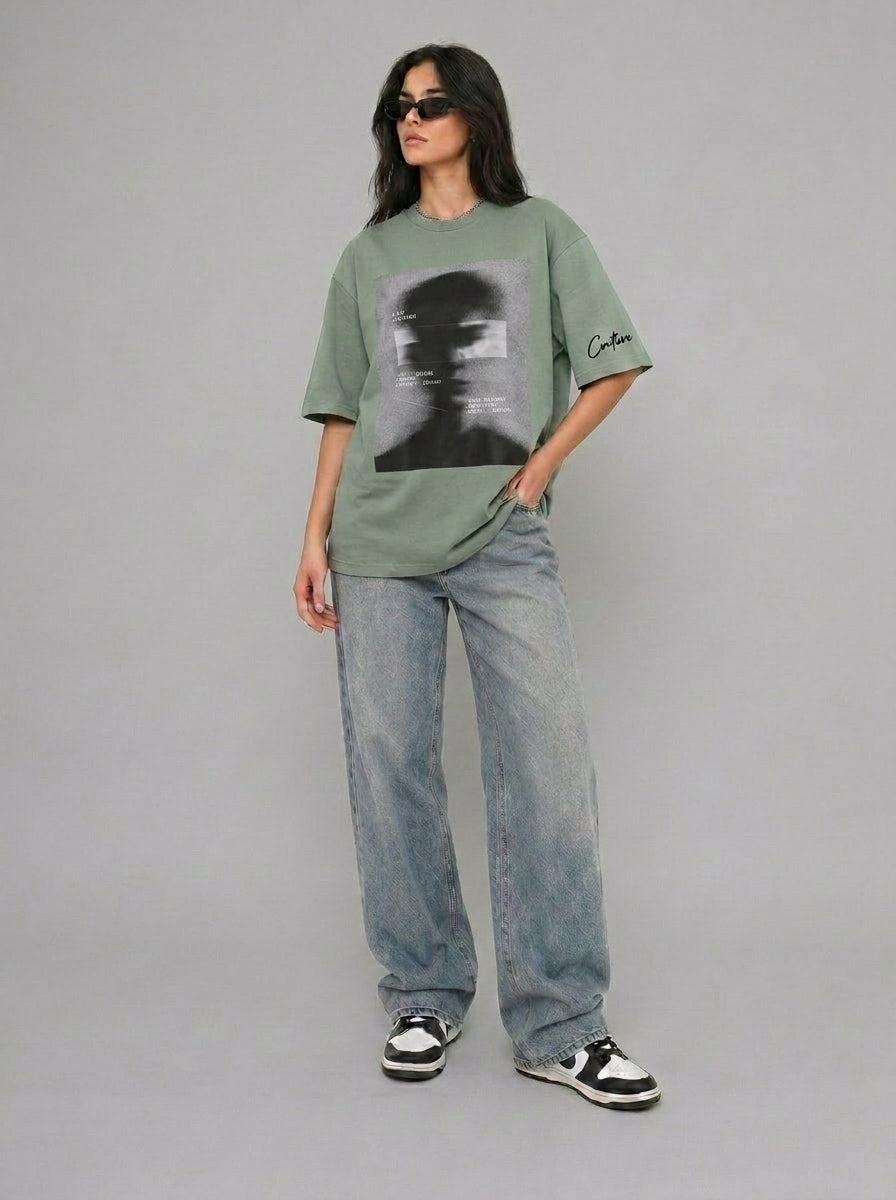 Cool Bee Blurred Vision Tee Green for Women - Oversized Graphic Tee Streetwear India - Lifestyle View