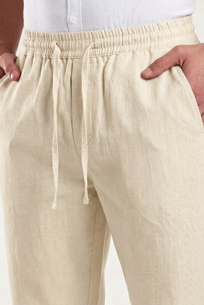 Cool Bee Linen Travel Pants Off White for Men - Off White Linen Travel Pants Lightweight India - Lifestyle View