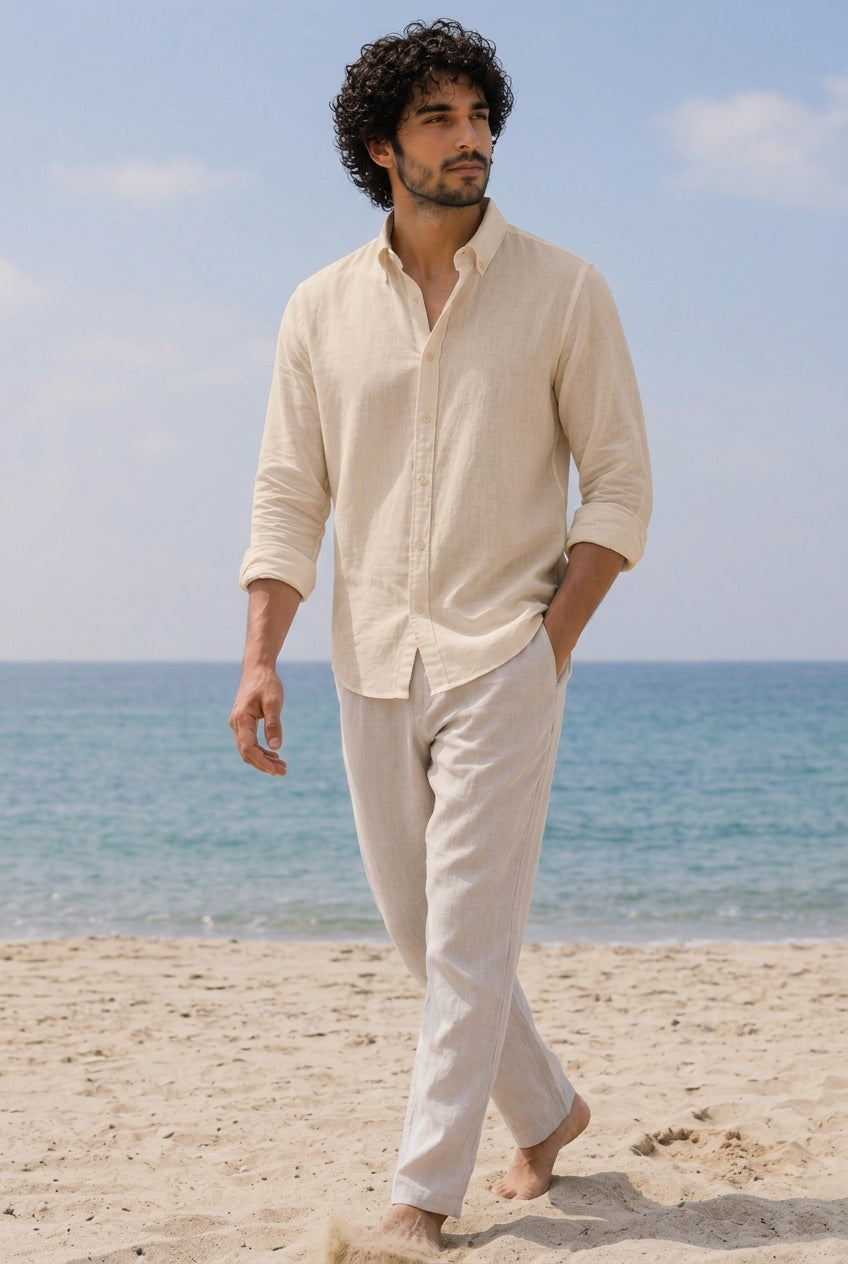 Cool Bee Linen Casual Shirt Beige for Men - Beige Linen Casual Shirt Breathable India - Lifestyle View