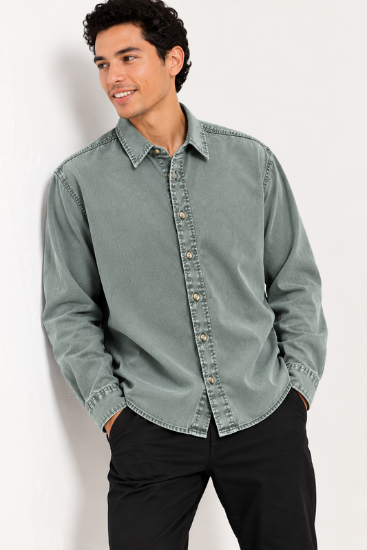 Cool Bee Sage Heritage Washed Denim Shirt – three-quarter view, buttoned sage green washed denim shirt