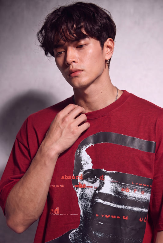 Cool Bee Glitch Portrait Tee Red for Men - Red Oversized Graphic Tee Streetwear India - Back View