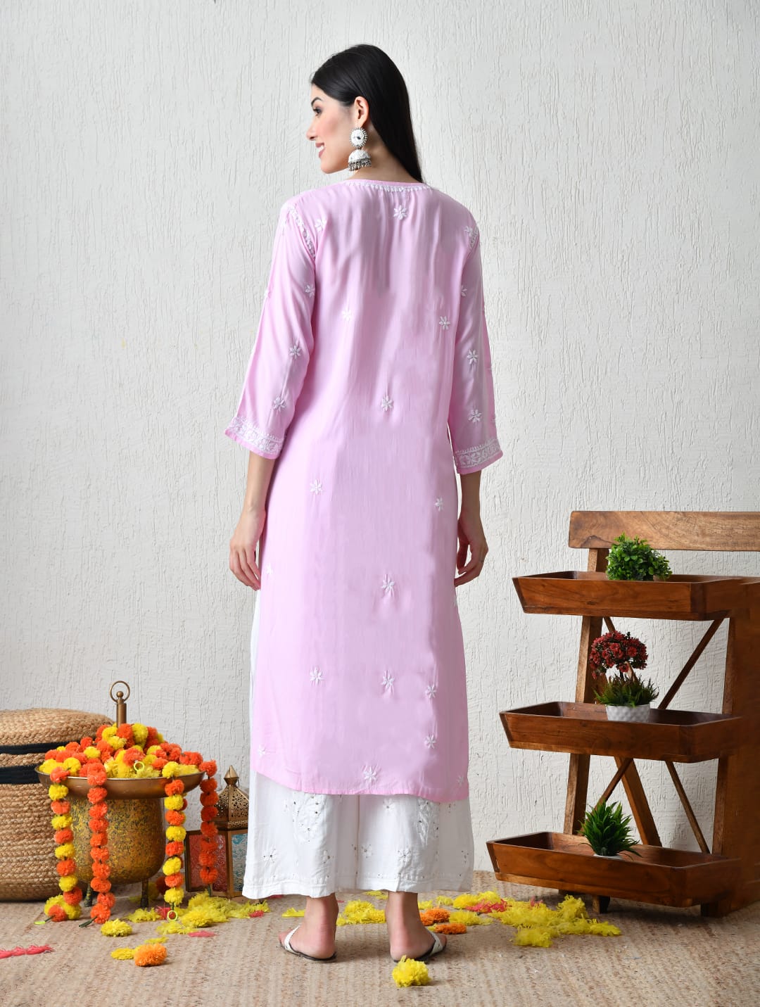 Blush Pink Diamond-Pattern Chikankari Kurta Set