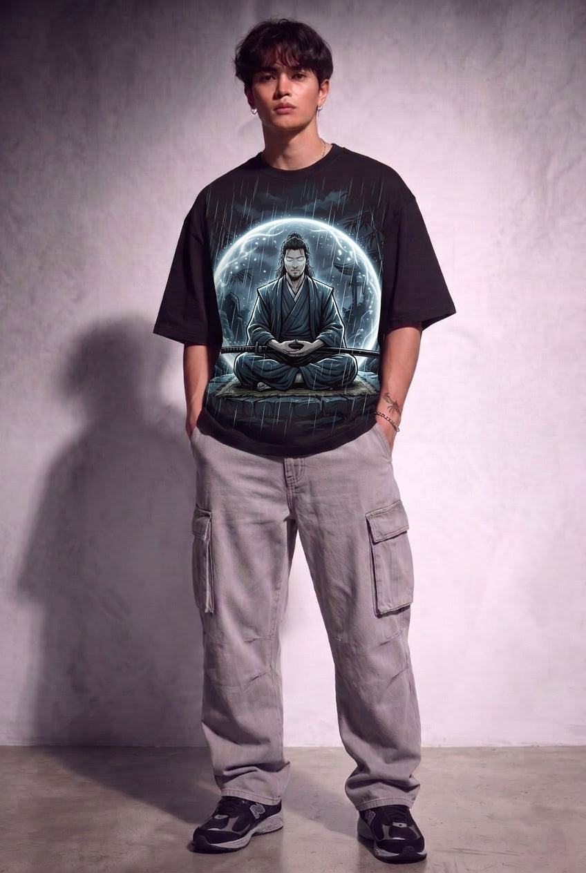 Cool Bee Silent Warior Anime Tee Black for Men - Oversized Graphic Tee Streetwear India - Lifestyle View