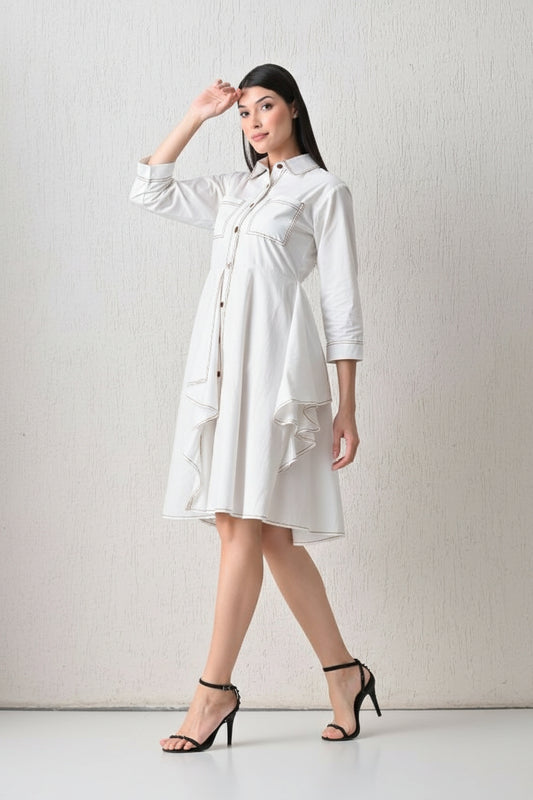 Cool Bee Architectural Piping Trapeze Dress White for Women - White Western Dress Casual Chic India - Back View
