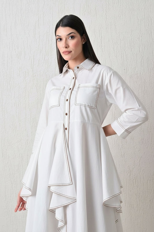 Architectural Piping Trapeze Dress White