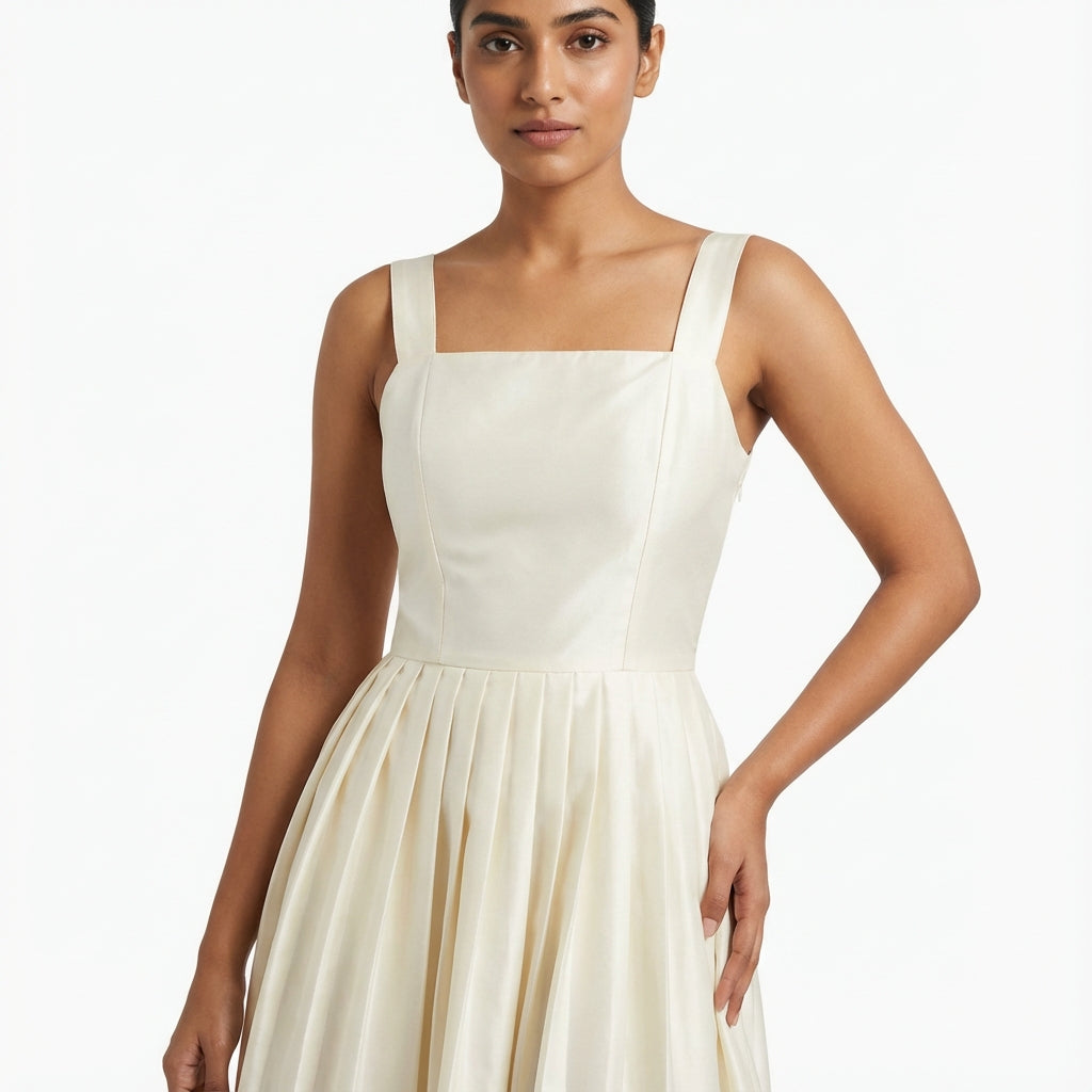 Timeless Elegance Ivory Pleated Midi Short Dress | Cool Bee
