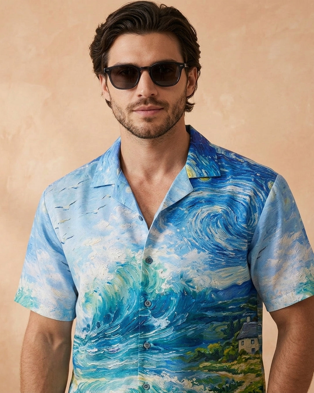 Cool Bee Cosmic Coastline Printed Shirt for Men - Premium Mercerised Cotton Spread Collar Shirt India - Styled View