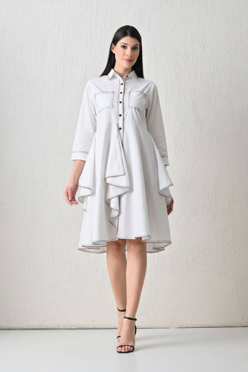 Architectural Piping Trapeze Dress White
