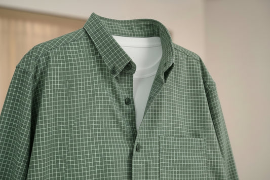 Green checkered shirt with a collar and buttons, brand logo visible.