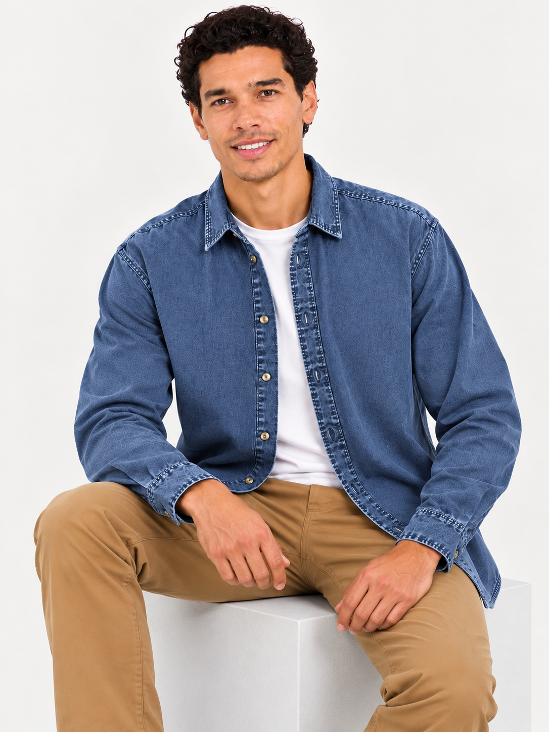 Cool Bee Midnight Blue Heritage Denim Shirt – model seated, midnight blue denim shirt layered over white tee