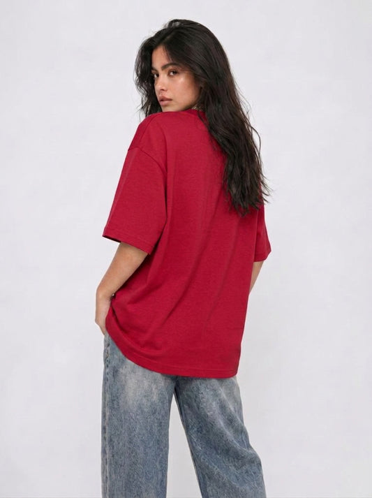 Cool Bee Canvas Chords Tee Red for Women - Oversized Graphic Tee Streetwear India - Back View