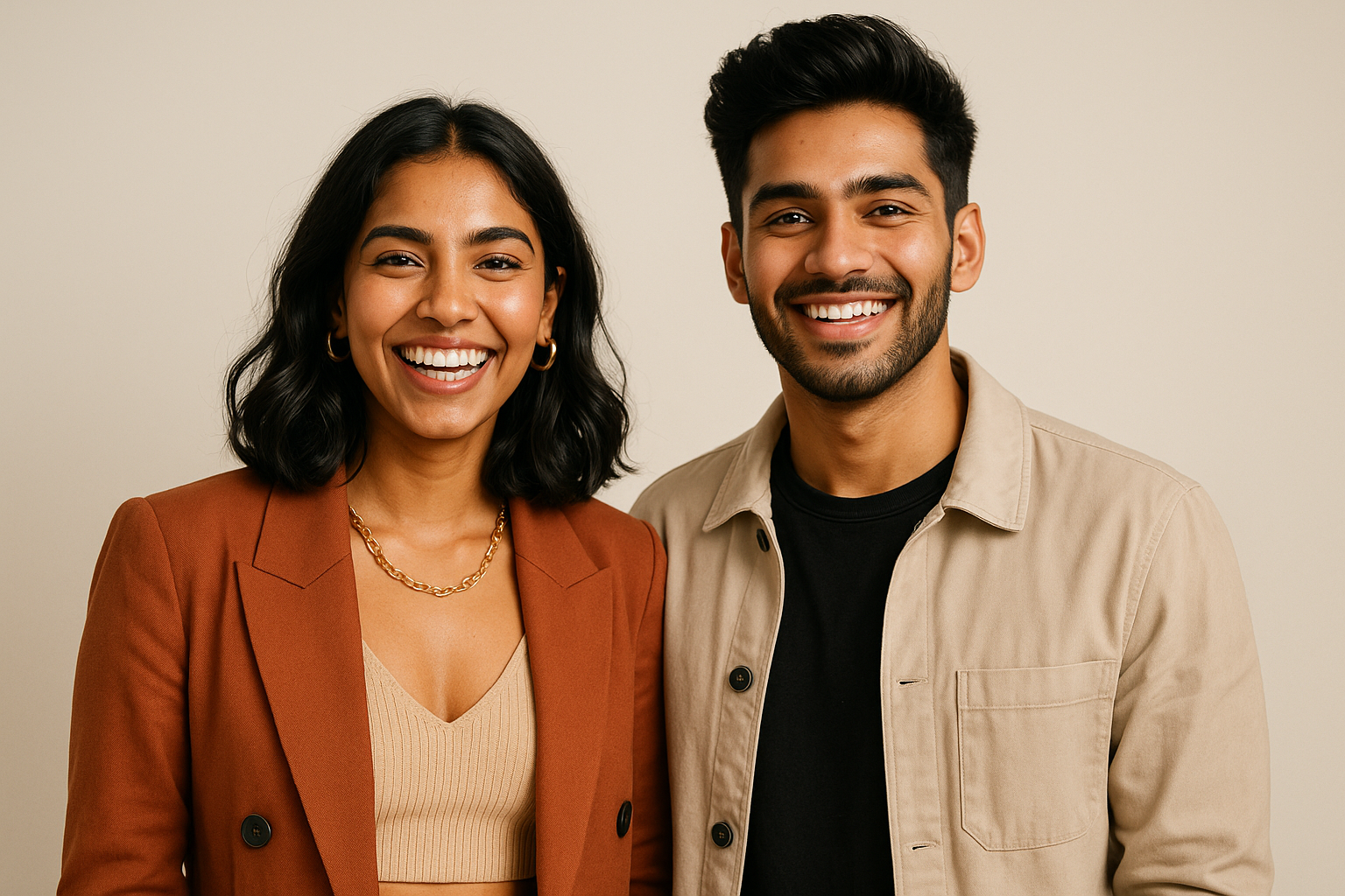 Generate a happy face of a modern western features looking indian girl and very smart Indian boy side by side with very fashionable looks in age group 25-27 , looks should be very fashionable and they should look very happy from their apperence