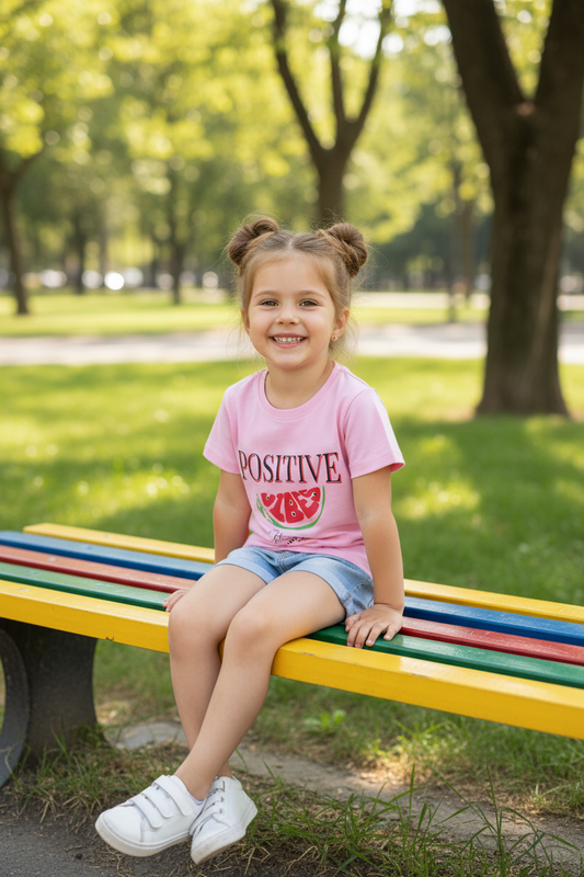 Girl on park bench wearing pink tee