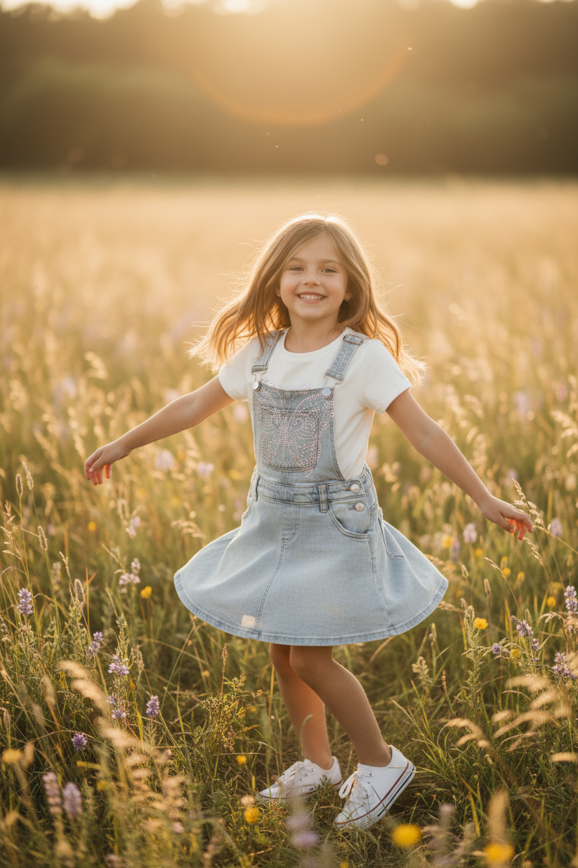 Coolbee Store – Girl twirling in meadow wearing off-white rhinestone tee