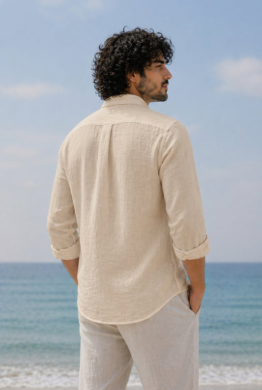 Cool Bee Linen Casual Shirt Beige for Men - Beige Linen Casual Shirt Breathable India - Back View