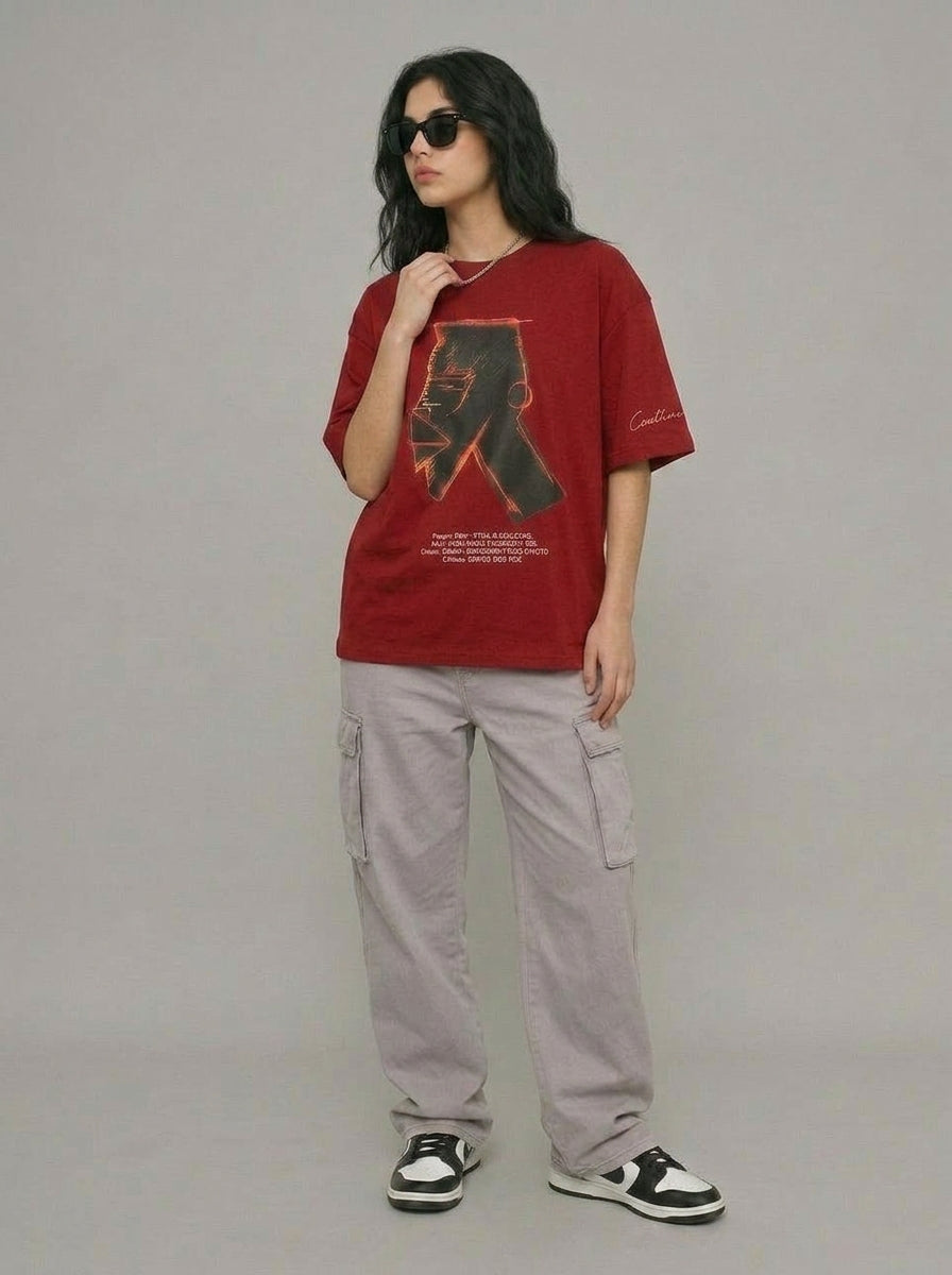 Cool Bee Urban Nomad Tee Red for Women - Oversized Graphic Tee Streetwear India - Lifestyle View