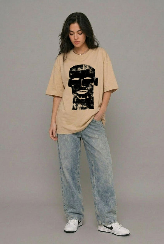 Cool Bee The Totem Tee Beige for Women - Beige Oversized Graphic Tee Streetwear India - Back View